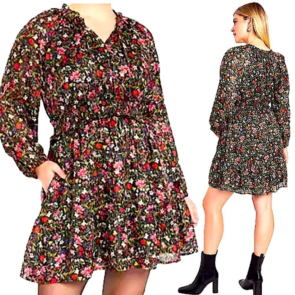 Old Navy Maternity Black Floral Waist-Defined Smocked Clip Dot Chiffon Dress Sml
